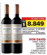 Don David - VINO TINTO MALBEC/ MALBEC TANNAT/ CABER SAUV RVA X 750 CC
