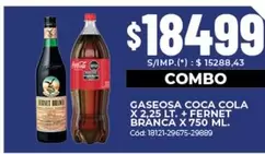 Coca cola - GASEOSA COCA COLA X 2.25 LT. + FERNERT BRANCA X 750 ML. Cód: 18121-29675-29889