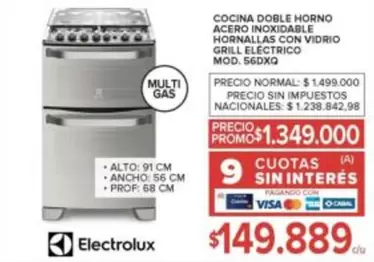 Electrolux - COCINA DOBLE HORNO ACERO INOXIDABLE HORNNALLAS CON VIDRIO GRILL ELECTRICO MODEL. 56DXQ
