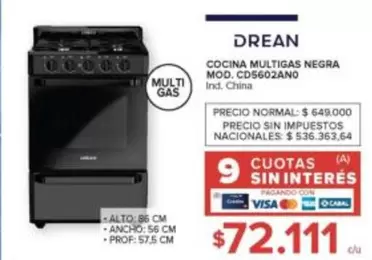 Drean - COCINA MULTIGAS NEGRA MOD. CD5602ANO