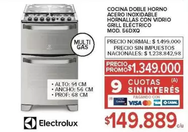 Electrolux - COCINA DOBLE HORNO ACERO INOXIDABLE HORNNALLAS CON VIDRIO GRILL ELECTRICO MOD. 56DXQ