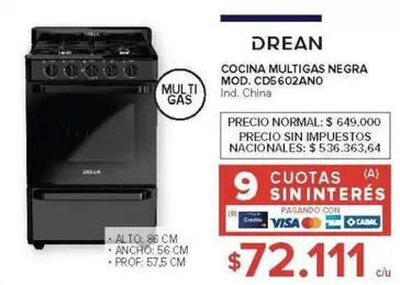 Drean - COCINA MULTIGAS NEGRA MOD. CDS602ANO