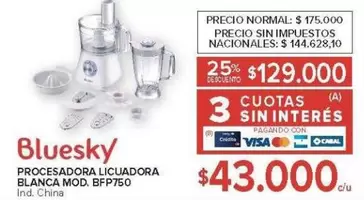 Bluesky - PROCESADORA LICUADORA BLANCA MOD. BFP750