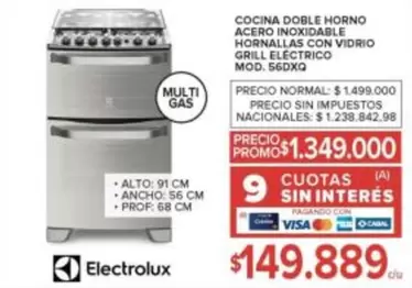Electrolux - COCINA DOBLE HORNO ACERO INOXIDABLE HORNNALLAS CON VIDRIO GRILL ELECTRICO MOD. 56DXQ