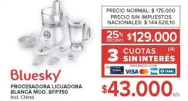 Bluesky - PROCESADORA LICUADORA BLANCA MOD. BFP750