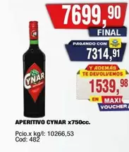 Cynar - APERITIVO CYNAR x750cc. Cod: 482