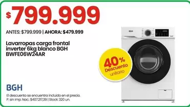 BGH - Lavasecarropas carga frontal inverter 6kg blanco BWFE06W24AR