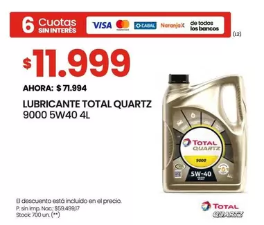 LUBRICANTE TOTAL QUARTZ 9000 5W40 4L