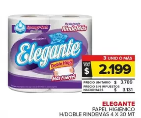 Elegante - PAPEL HIGIENICO H/DOBLE RINDEMAS 4 X 30 MT
