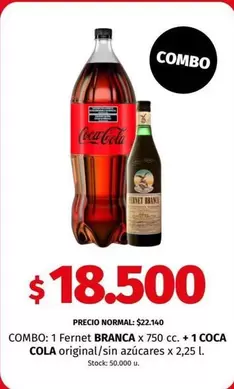 Coca cola - Fernet Branca x 750 cc. + Coca Cola original/sin azúcares x 2,25 l.