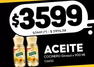 Cocinero - ACEITE COCINERO Girasol x 900 Ml. Cód:52