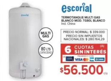 Escorial - TERMOTANQUE MULTI GAS BLANCO MOD. TG80L BLANCO