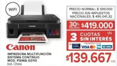 Canon - IMPRESORA MULTIFUNCIÓN SISTEMA CONTINUO MOD. PIXMA G3110