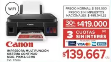 Canon - IMPRESORA MULTIFUNCIÓN SISTEMA CONTINUO MOD. PIXMA G3110