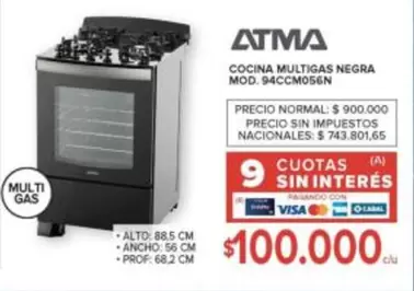 Atma - COCINA MULTIGAS NEGRA MOD. 94CCM056N