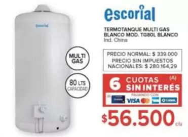 Escorial - TERMOTANQUE MULTI GAS BLANCO MOD. TG80L BLANCO
