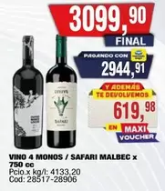 X$ - VINO 4 MONOS / SAFARI MALBEC x 750 cc