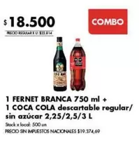 Coca cola - FERNET BRANCA 750 ml + COCA COLA descartable regular/sin azúcar 2,25/2,5/3 L