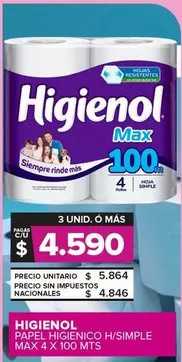 Higienol - PAPEL HIGIENICO H/SIMPLE MAX 4 X 100 MTS