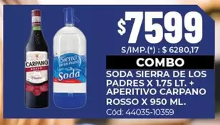 Carpano - SODA SIERRA DE LOS PADRES X 1.75 LT. + APERITIVO CARPANO ROSSO X 950 ML. Cód: 44035-10359