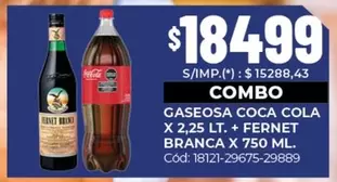 Coca cola - GASEOSA COCA COLA X 2,25 LT. + FERNET BRANCA X 750 ML. Cód: 18121-29675-29889