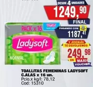 Ladysoft - TOALLITAS FEMENINAS C.ALAS x 16 un.