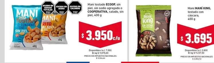 King - Mani tostado ECOOP, sin piel, sin sodio agregado o COOPERATIVA, salado, sin piel