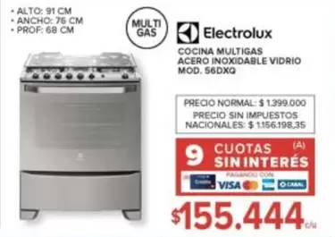 Electrolux - COCINA MULTIGAS ACERO INOXIDABLE VIDRIO MOD. S60XQ