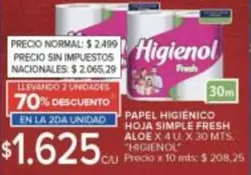 Higienol - PAPEL HIGIÉNICO HOJA SIMPLE FRESH ALOE X 4 U. X 30 MTS.
