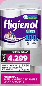 Higienol - PAPEL HIGIENICO H/ SIMPLE MAX 4 X 100 MTS