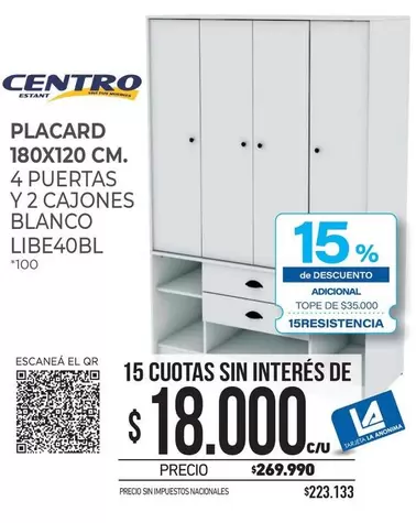 Centro - PLACARD 180X120 CM. 4 PUERTAS Y 2 CAJONES BLANCO LIBE40BL