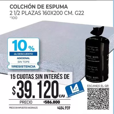 King Koil - COLCHÓN DE ESPUMA 2 1/2 PLAZAS 160X200 CM. G22