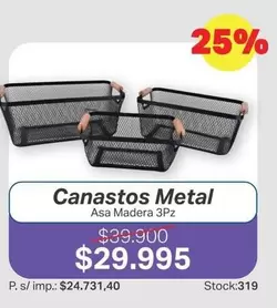 Canastos Metal Asa Madera 3Pz
