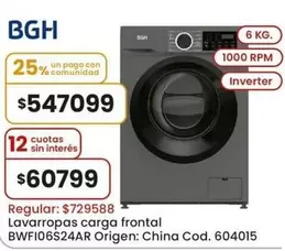 BGH - Lavarropas carga frontal BWFI06S24AR