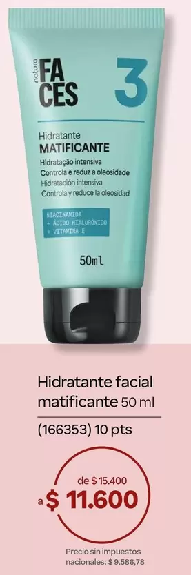 Hidratante facial matificante 50 ml