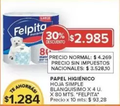 Felpita - PAPEL HIGIENICO HOJA SIMPLE BLANQUISIMO X 4 U. X 80 MTS.