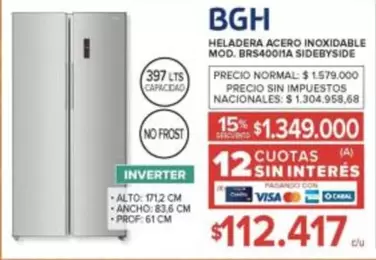 BGH - HELADERA ACERO INOXIDABLE MOD. BRS400HA SIDEBYSIDE
