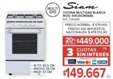 Siam - COCINA MULTIGAS BLANCA MOD. 94CSICM56BL