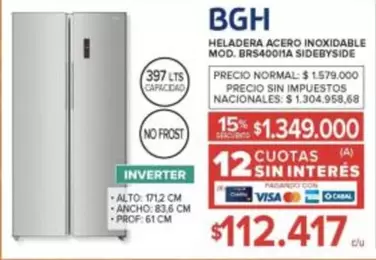 BGH - HELADERA ACERO INOXIDABLE MOD. BRS400HA SIDEBYSIDE