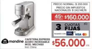 Mandine - CAFETERA EXPRESS ACERO INOXIDABLE MOD. MEC1450