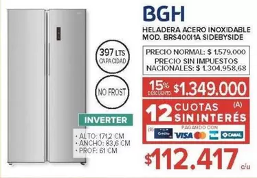 BGH - HELADERA ACERO INOXIDABLE MOD. BRS4001A SIDEBYSIDE