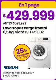 Siam - Lavarropas carga frontal 6,5 kg. LSI F6510B2