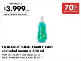 X$ - ENJUAGUE BUCAL FAMILY CARE s/alcohol menta