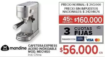 Mandine - CAFETERA EXPRESS ACERO INOXIDABLE MOD. MEC1450