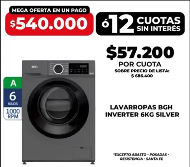 BGH - LAVARROPAS  INVERTER 6KG SILVER