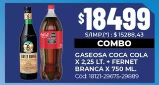 Coca cola - GASEOSA COCA COLA X 2,25 LT. + FERNET BRANCA X 750 ML. Cód: 18121-29675-29889
