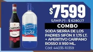 Sierra de los Padres - SODA SIERRA DE LOS PADRES SIFÓN X 1.75 LT. + APERITIVO CARPANNO ROSSO X 950 ML. Cód: 44035-10359