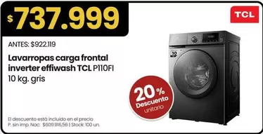 TCL - Lavavajillas carga frontal inverter effiwash  P110FI 10 kg. gris