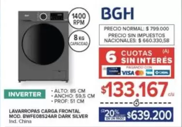 BGH - LAVARROPAS CARGA FRONTAL MOD. BWFE08S24AR DARK SILVER