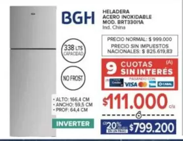 BGH - HELADERA ACERO INOXIDABLE MOD. BRT33010A